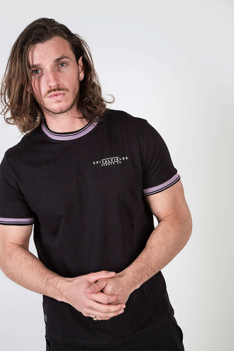 Crew Tee with Stripe Rib Detail Black/Grape