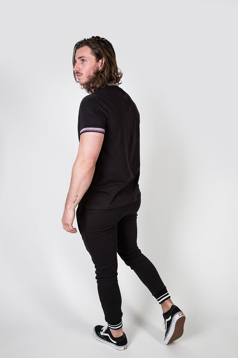 Crew Tee with Stripe Rib Detail Black/Grape