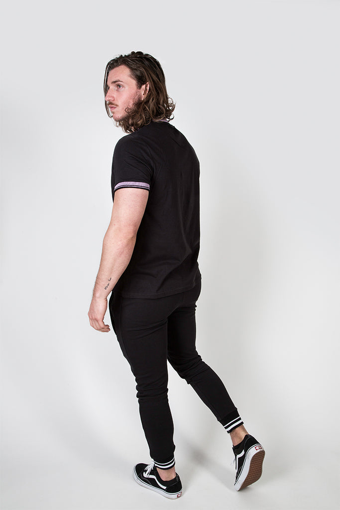 Crew Tee with Stripe Rib Detail Black/Grape