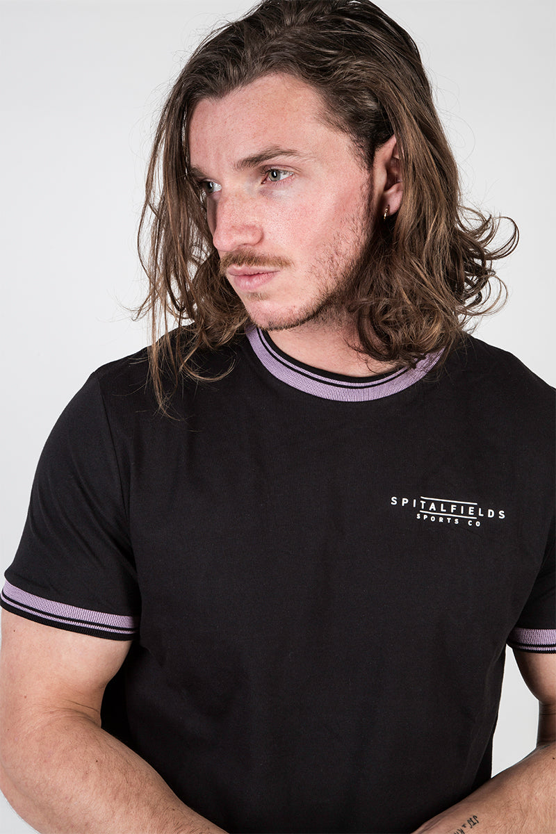 Crew Tee with Stripe Rib Detail Black/Grape