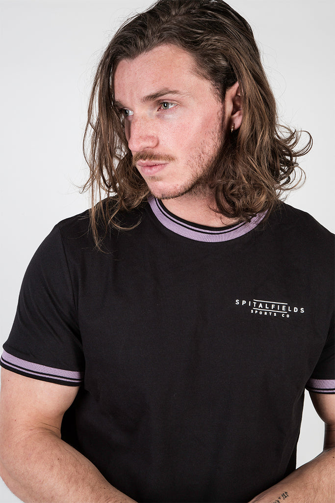 Crew Tee with Stripe Rib Detail Black/Grape