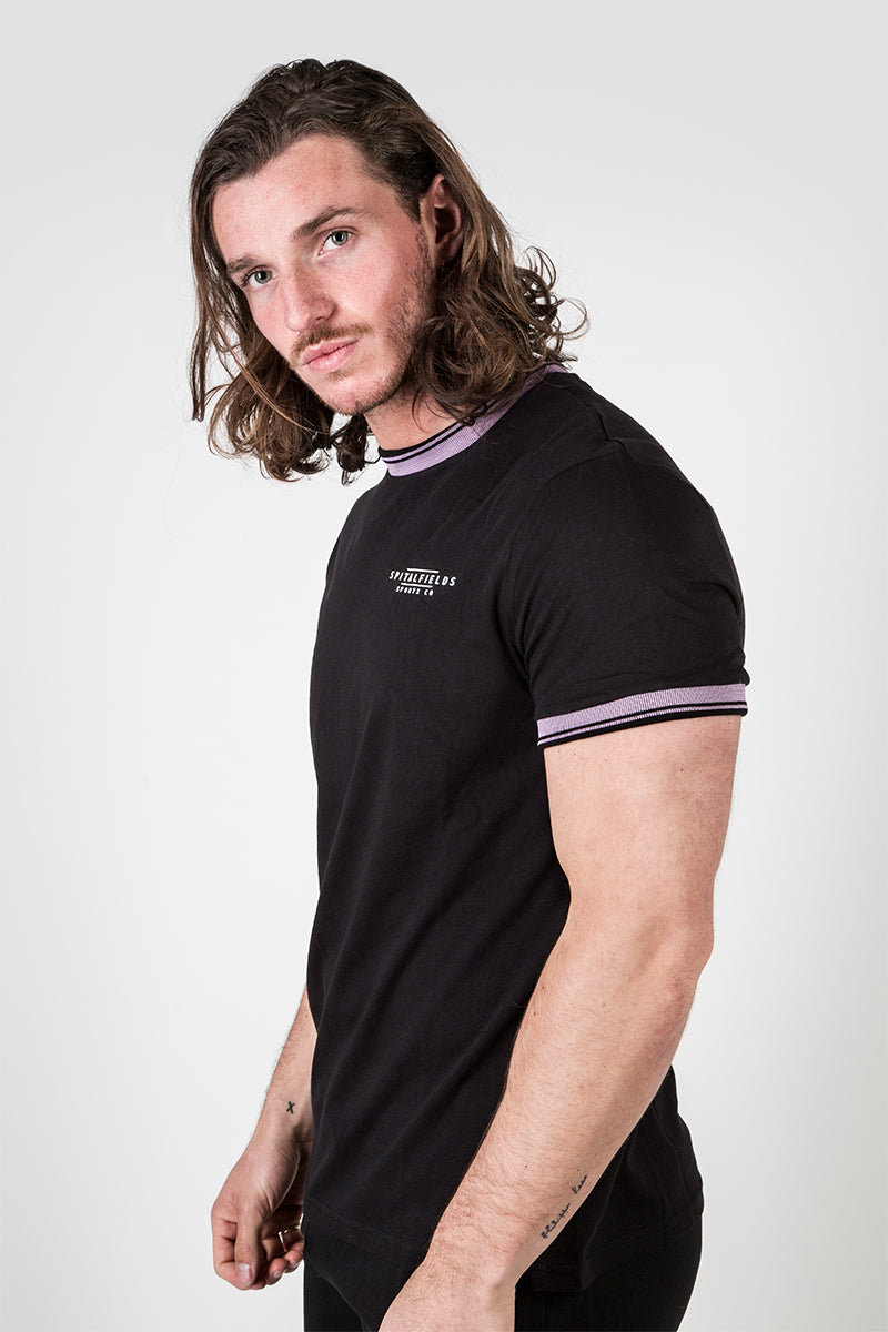 Crew Tee with Stripe Rib Detail Black/Grape