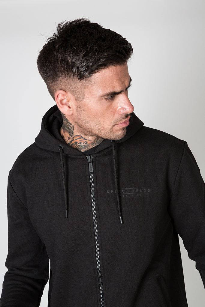 Zip Through Injection Print Hoodie in Black