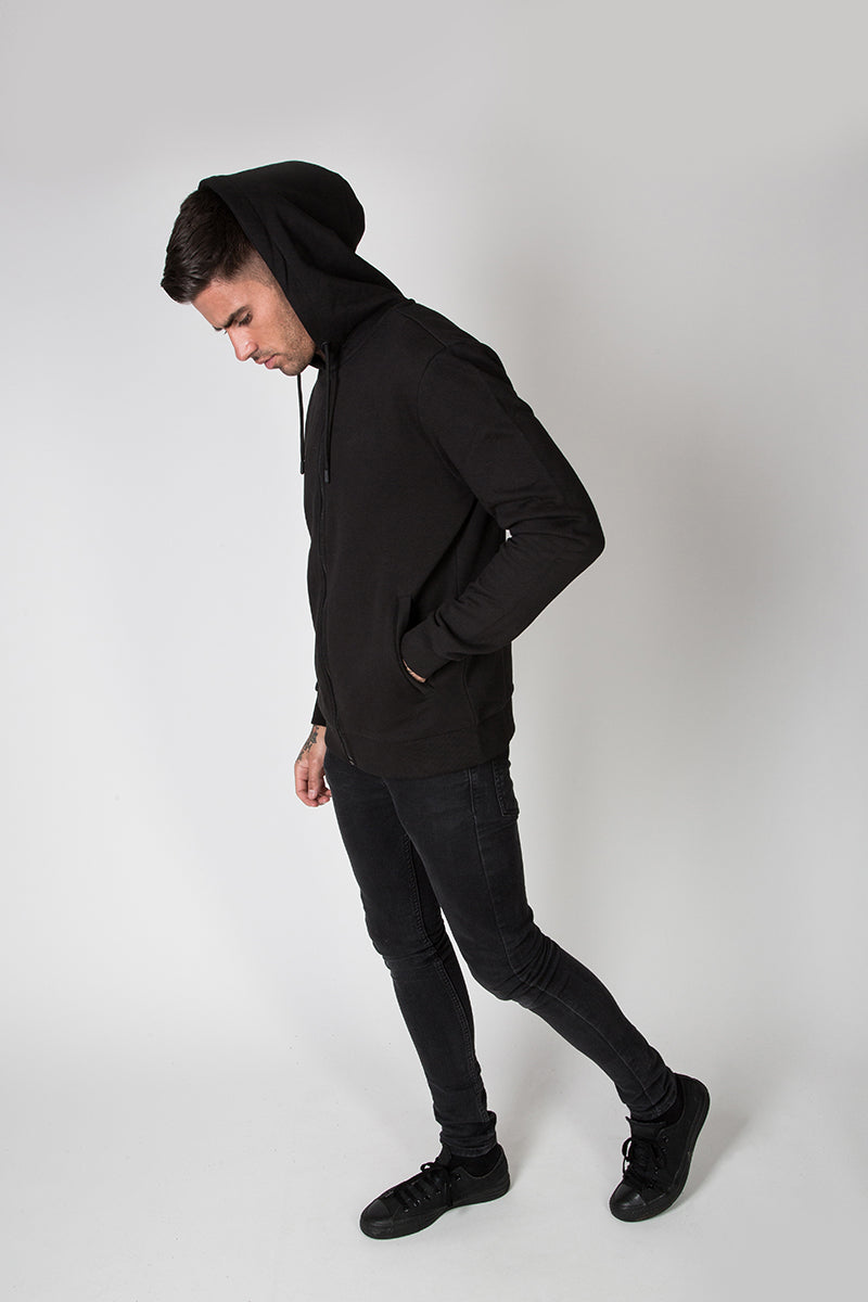 Zip Through Injection Print Hoodie in Black