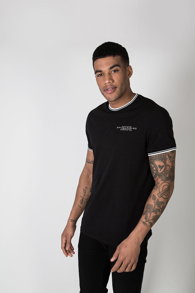Crew Tee with Stripe Rib Detail in Black