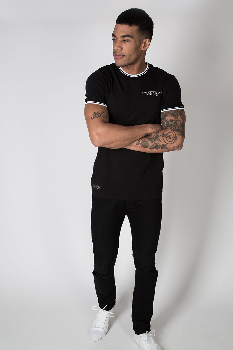 Crew Tee with Stripe Rib Detail in Black