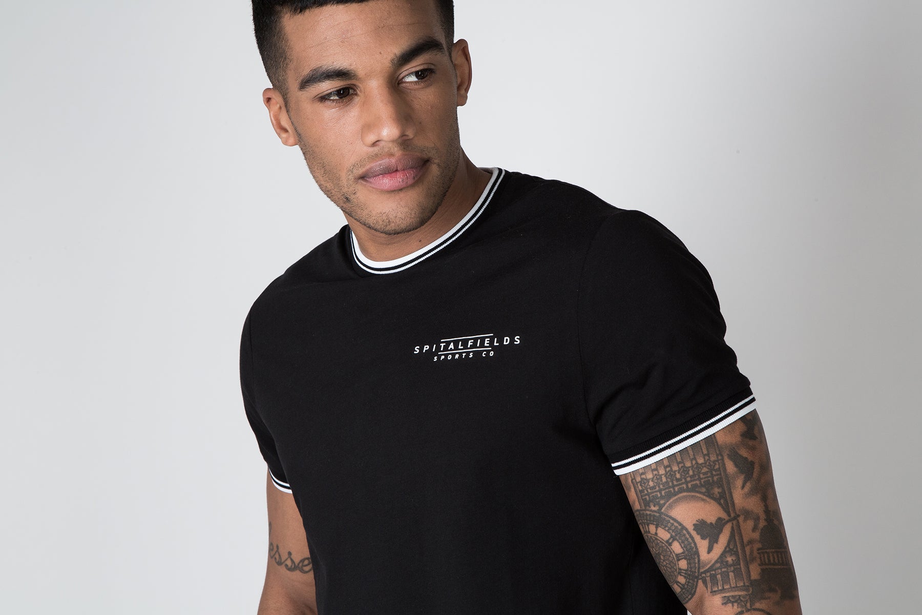 Crew Tee with Stripe Rib Detail in Black