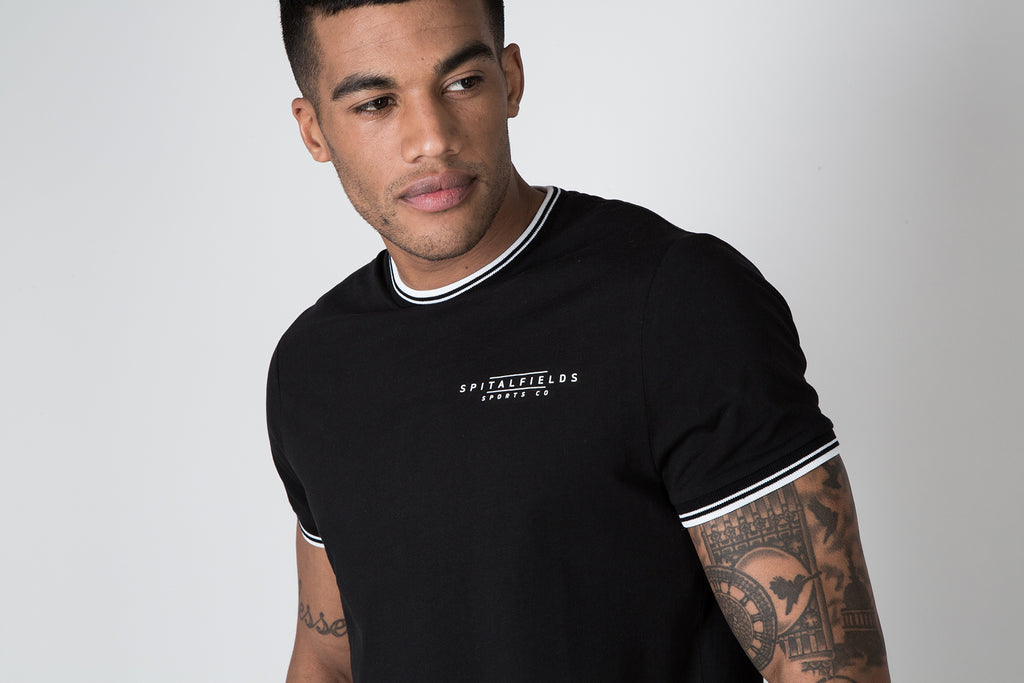 Crew Tee with Stripe Rib Detail in Black