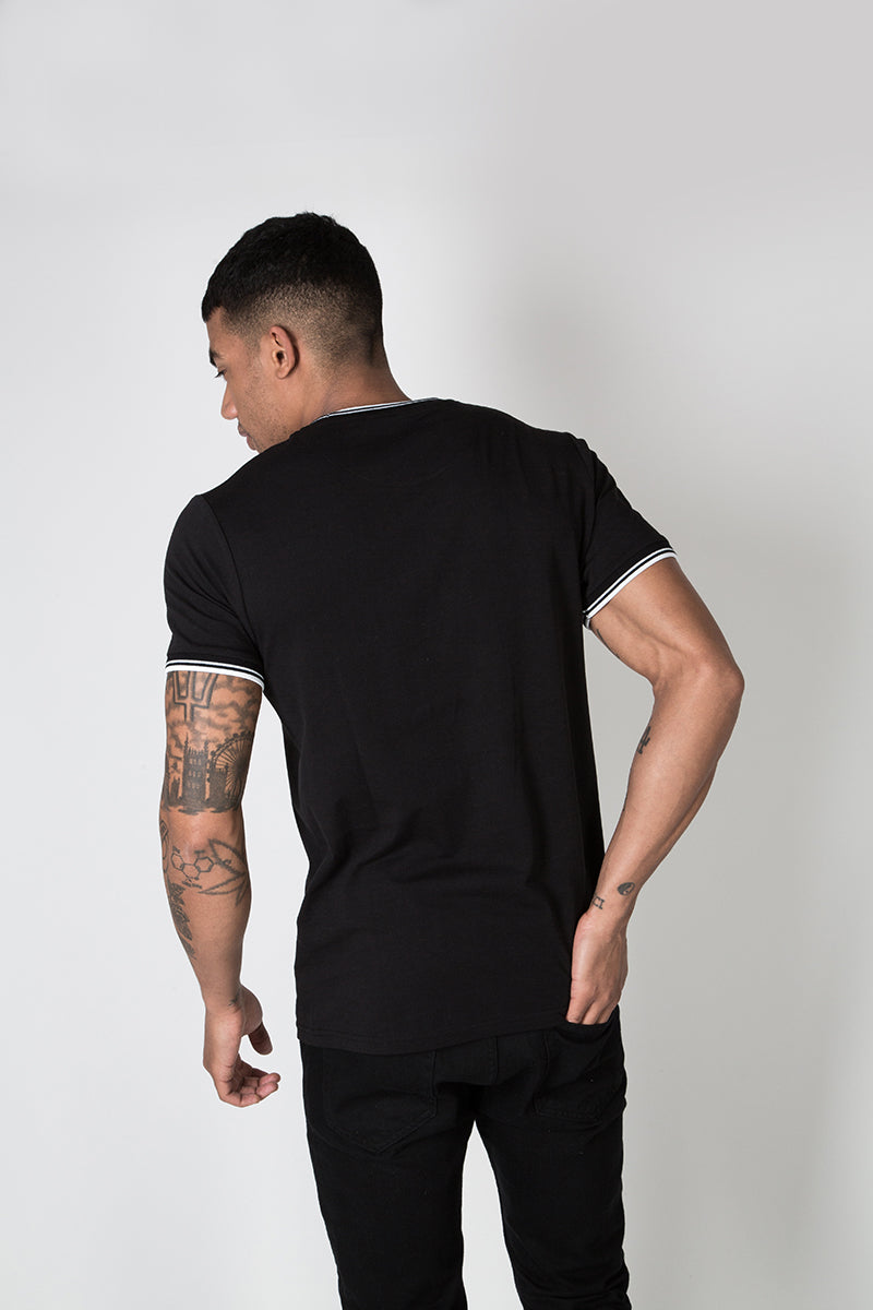 Crew Tee with Stripe Rib Detail in Black