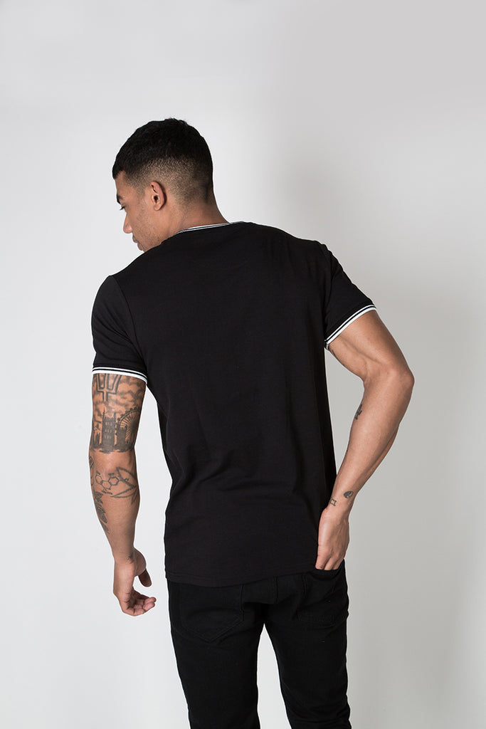 Crew Tee with Stripe Rib Detail in Black
