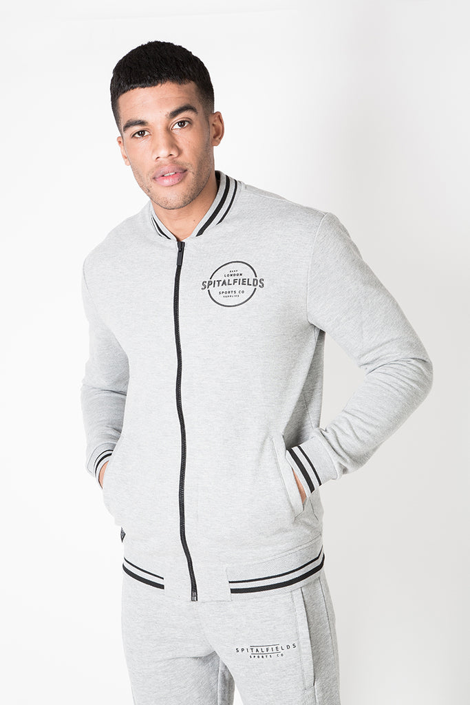 Bomber Zip-through Sweat with Contrast Tipping in Grey Marl