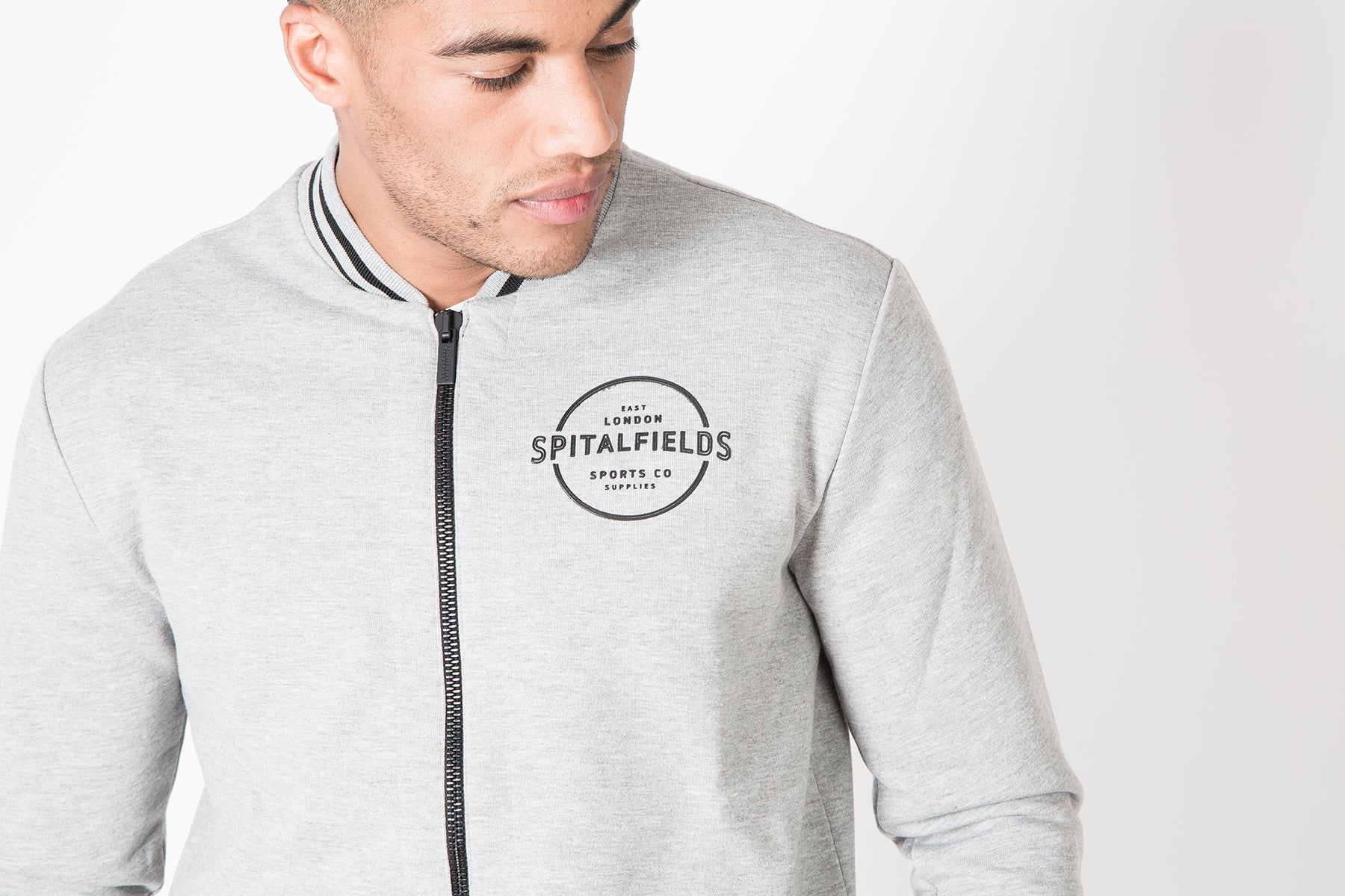 Bomber Zip-through Sweat with Contrast Tipping in Grey Marl