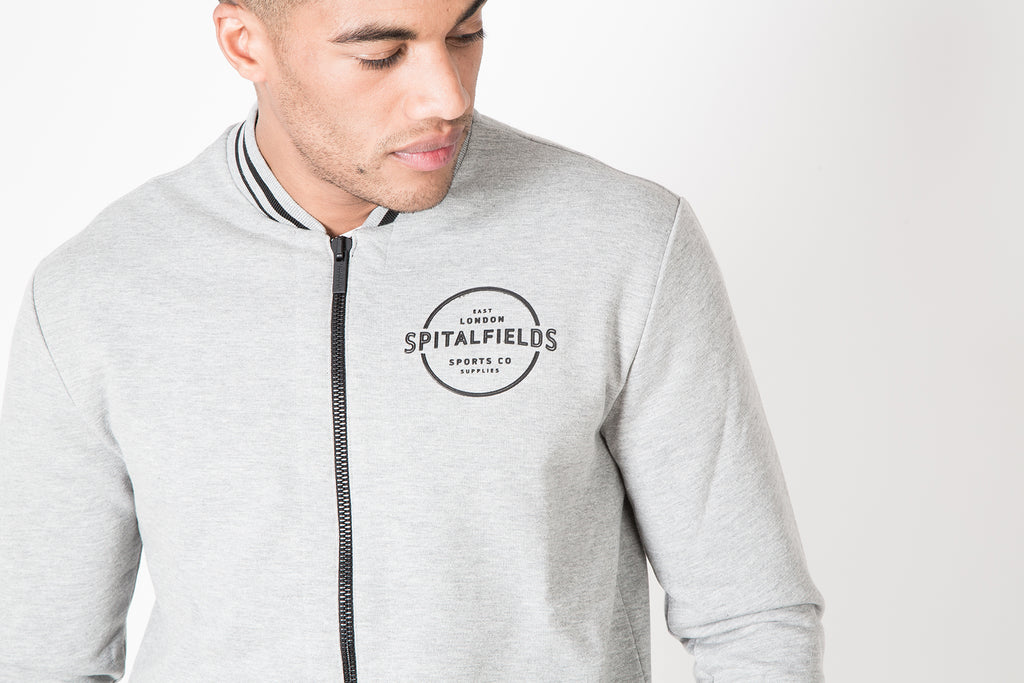 Bomber Zip-through Sweat with Contrast Tipping in Grey Marl