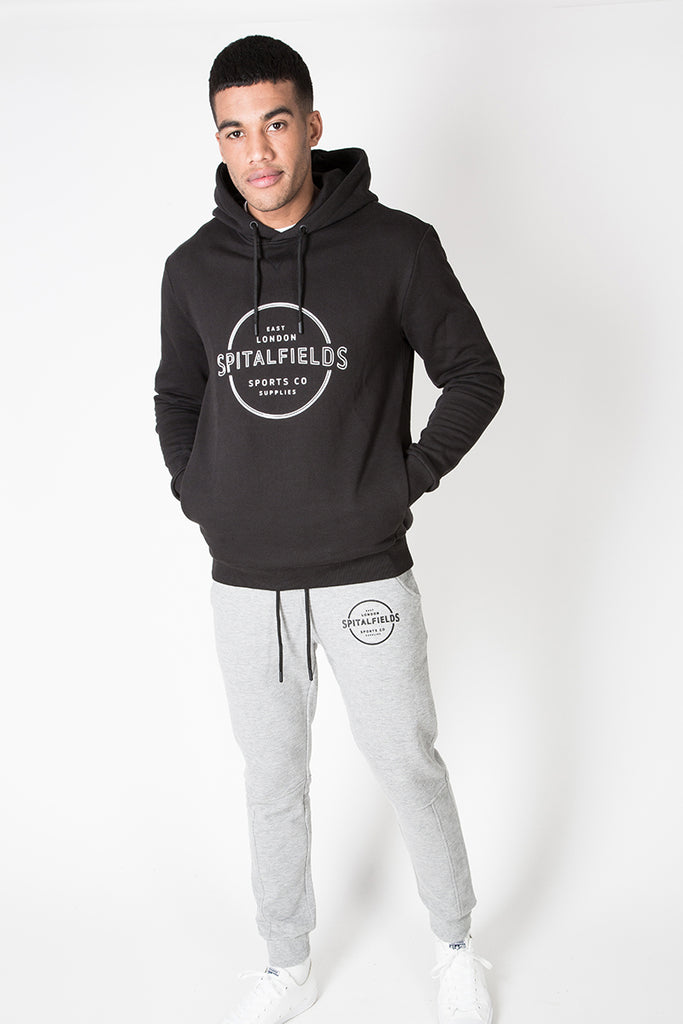 Hoodie with Concealed Pocket & Graphic Print in Black