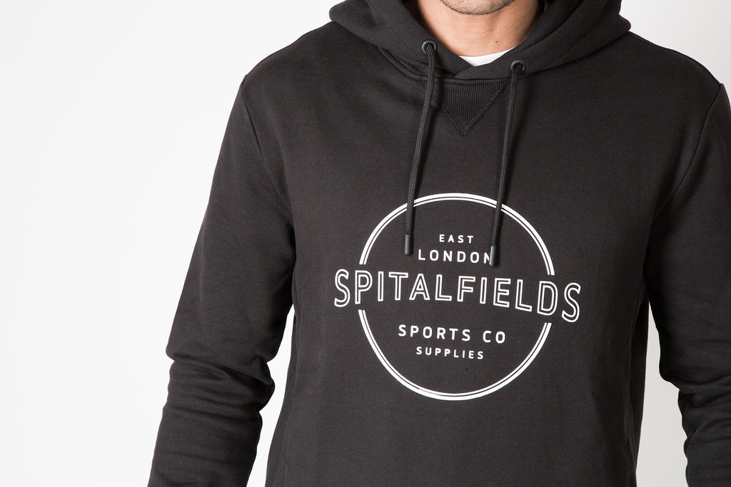 Hoodie with Concealed Pocket & Graphic Print in Black