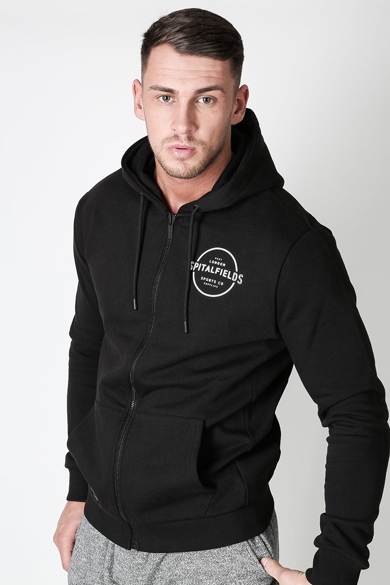 Zip Through Hoodie with Graphic Print in Black