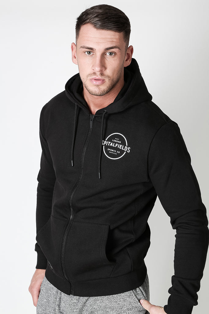 Zip Through Hoodie with Graphic Print in Black