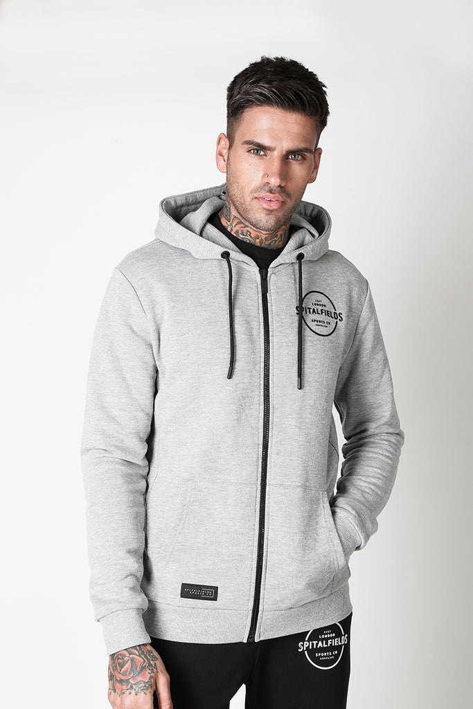 Zip Through Hoodie with Graphic Print in Grey Marl