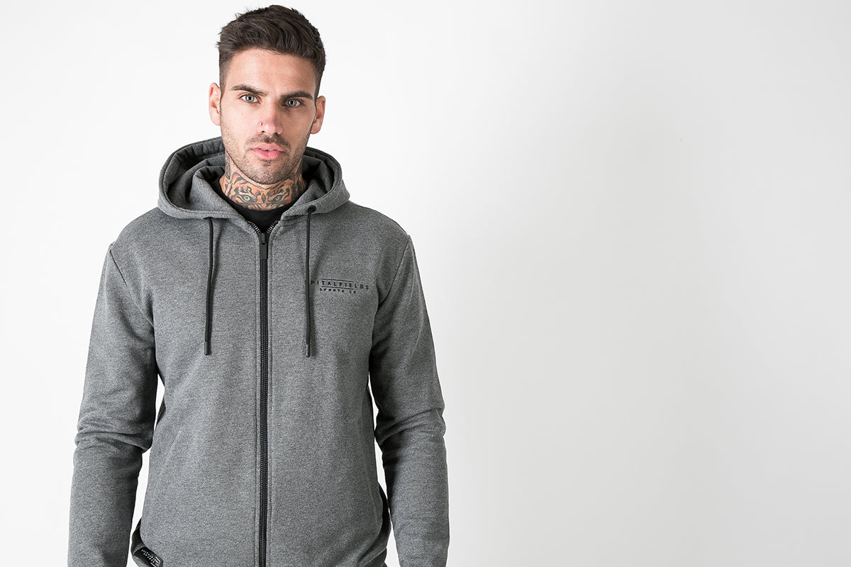 Zip Through Graphic Print Hoodie in Charcoal Marl