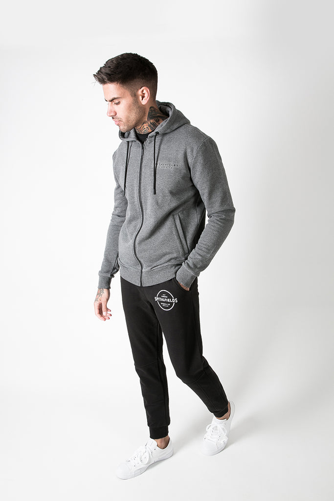 Zip Through Graphic Print Hoodie in Charcoal Marl