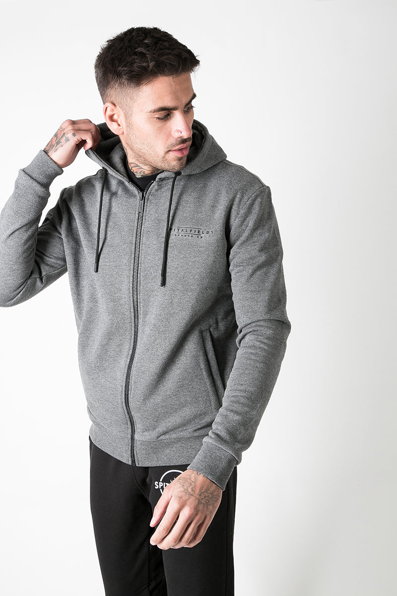 Zip Through Graphic Print Hoodie in Charcoal Marl