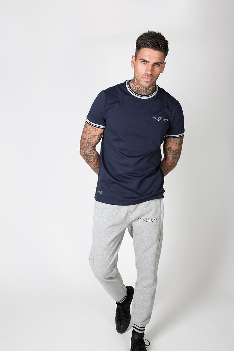 Crew Tee with Stripe Rib Detail in Navy