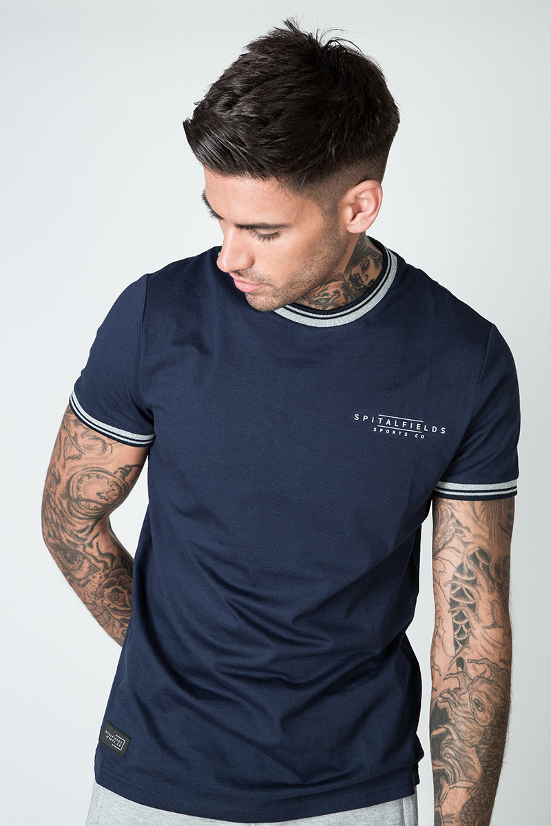 Crew Tee with Stripe Rib Detail in Navy