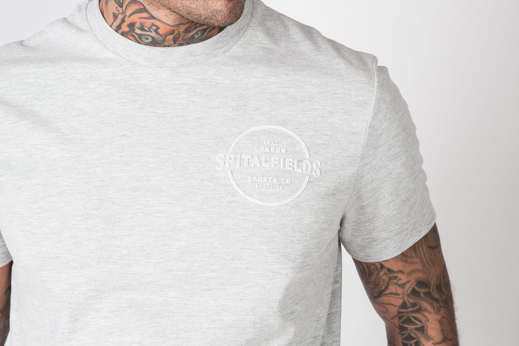 Crew Tee with Small Graphic Print in Grey Marl