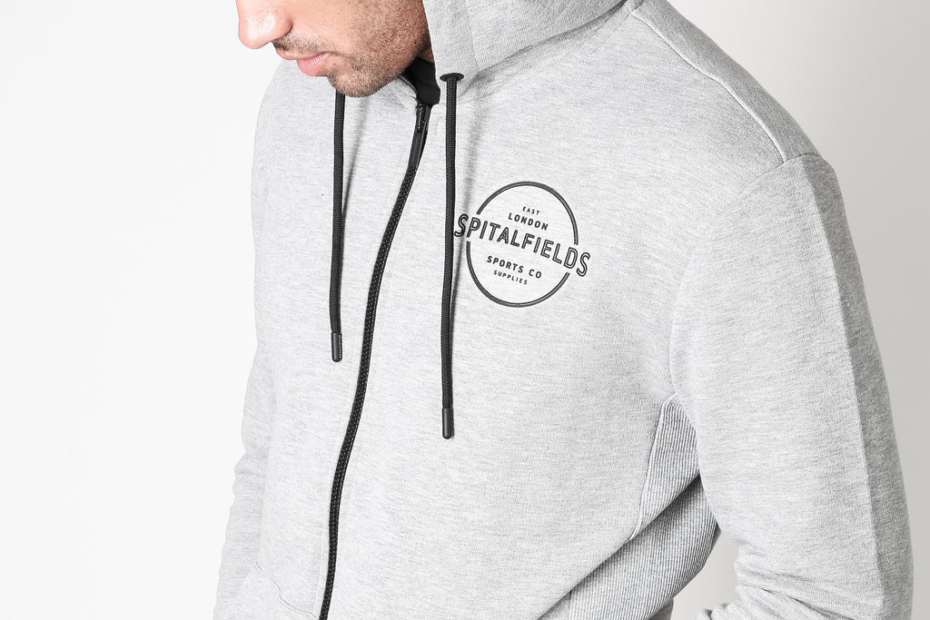 Zip Through Hoodie with Graphic Print in Grey Marl