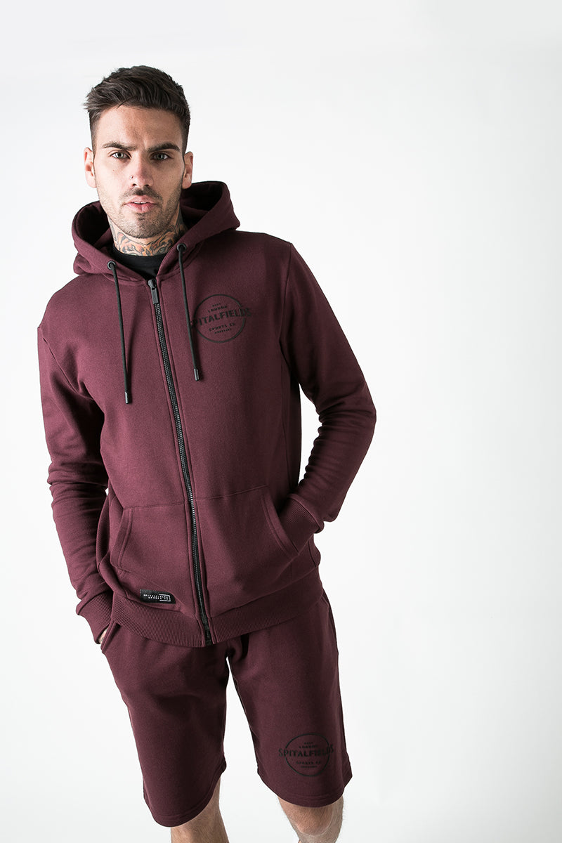 Zip Through Hoodie with Graphic Print in Burgundy